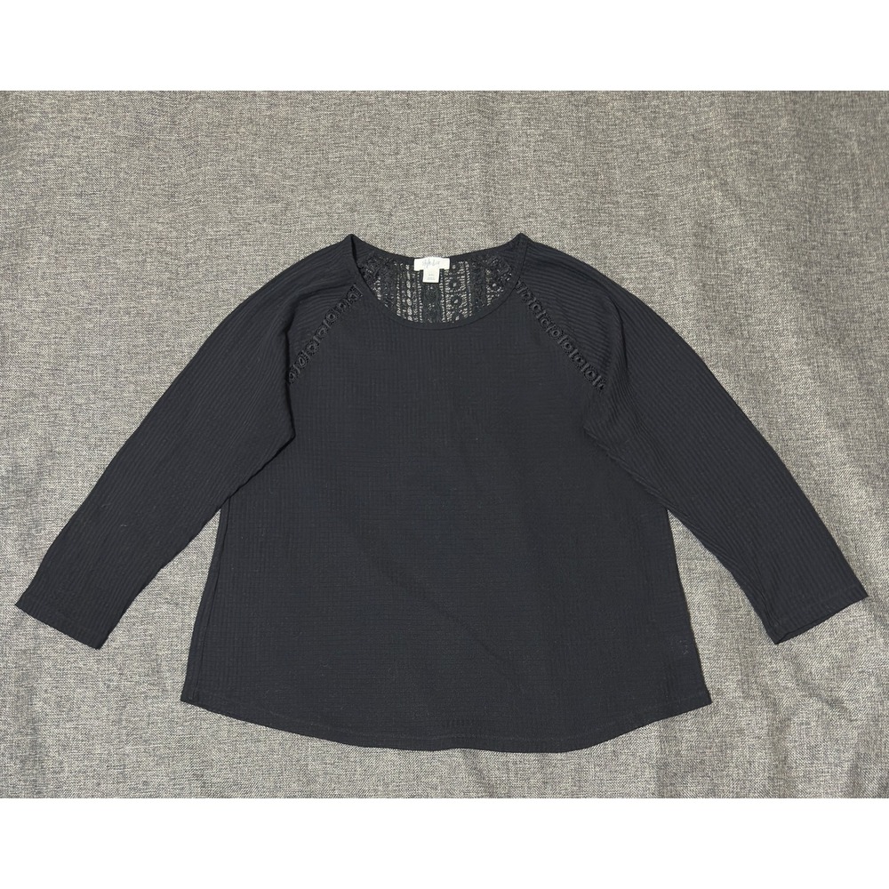 Style & Co Women XXL Top Black Waffle Knit Crochet Lace Trim 3/4 Sleeve